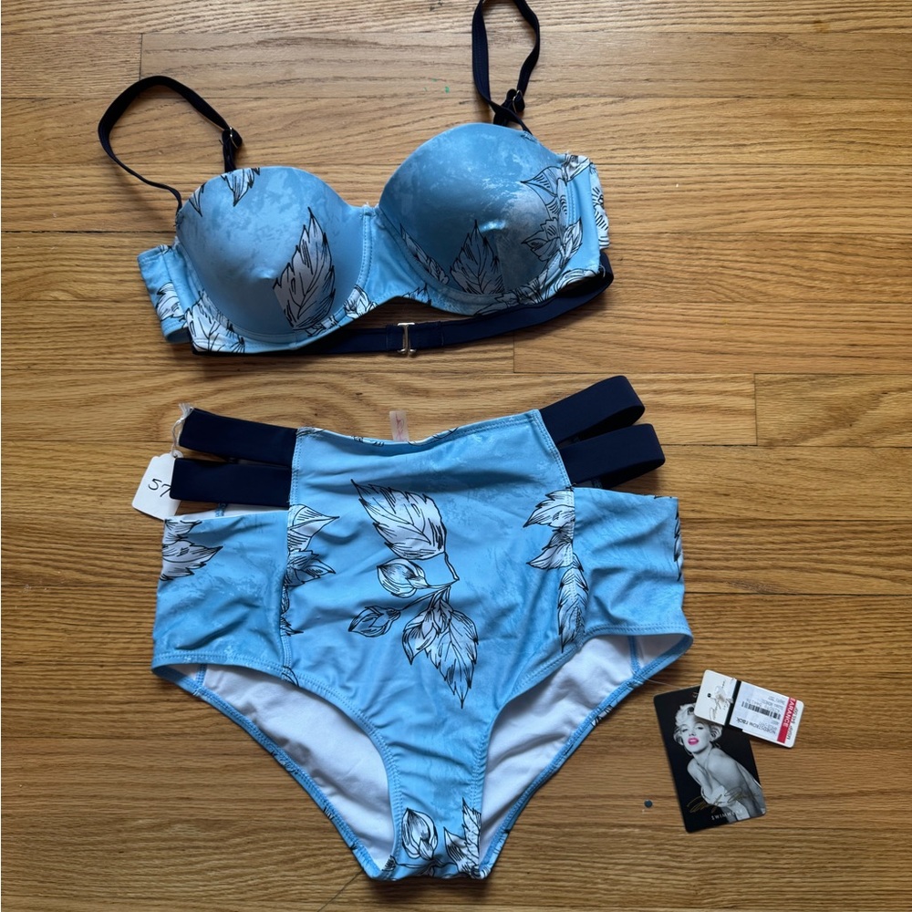 Blue Feather Print Bikini Set
